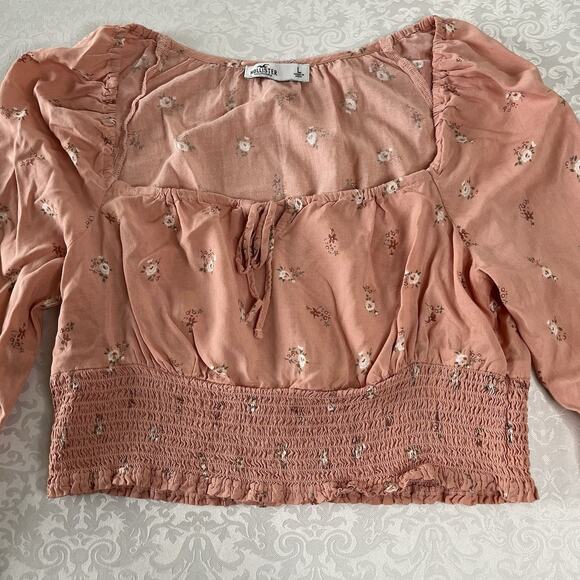 Y2K Hollister Shirt Large Pink Floral Cropped Top Blouse Smocked Renaissance - Picture 3 of 8